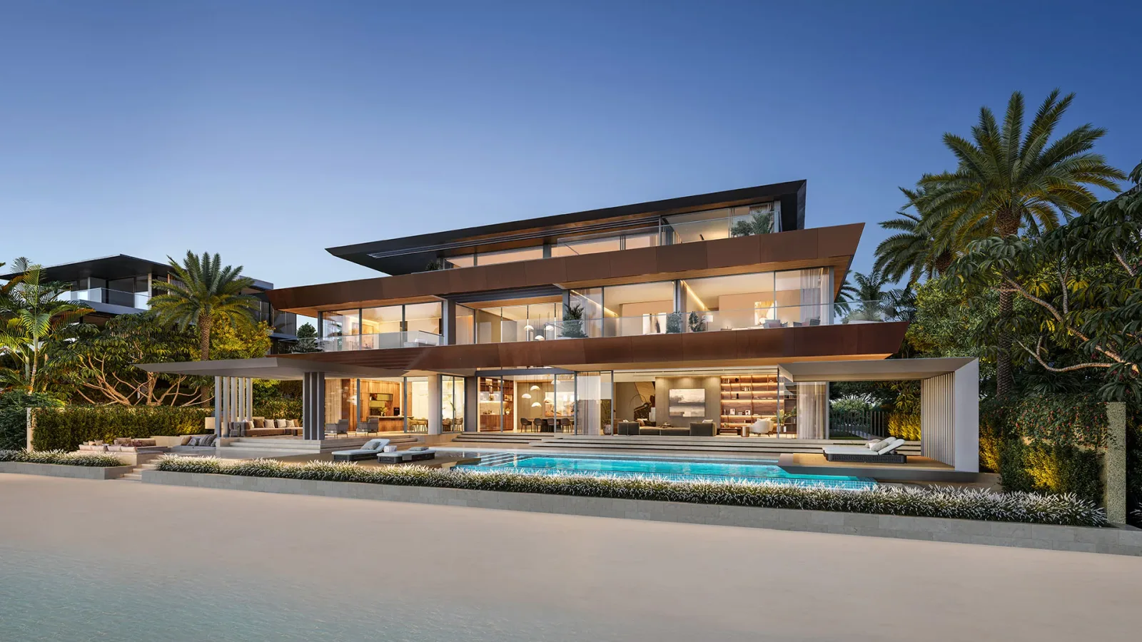 Palm Jebel Ali villa exterior at dusk; official developer rendering