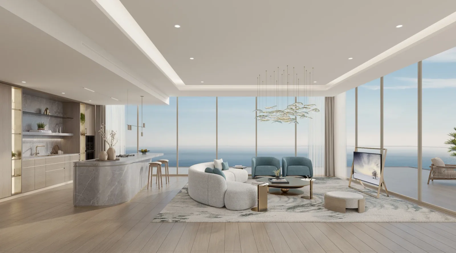 The Meriva Collection: open-plan kitchen and living space with sea views — developer rendering