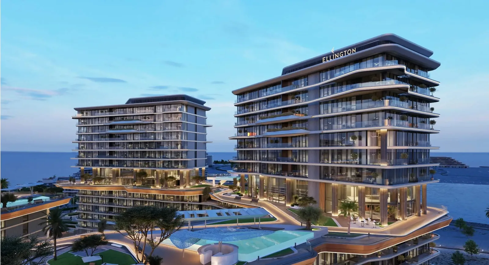 Costa Mare: residential buildings and a landscaped pool terrace at dusk — rendering