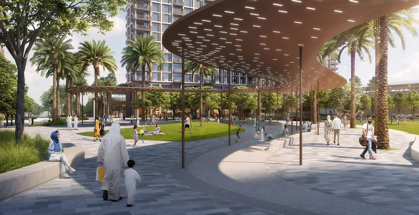 Dubai Creek Harbour shared plaza — community illustration