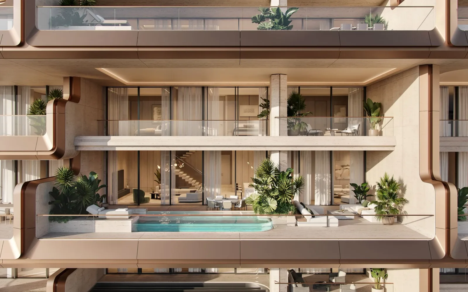 The Alba Residences: residence terraces and private pool; official developer rendering