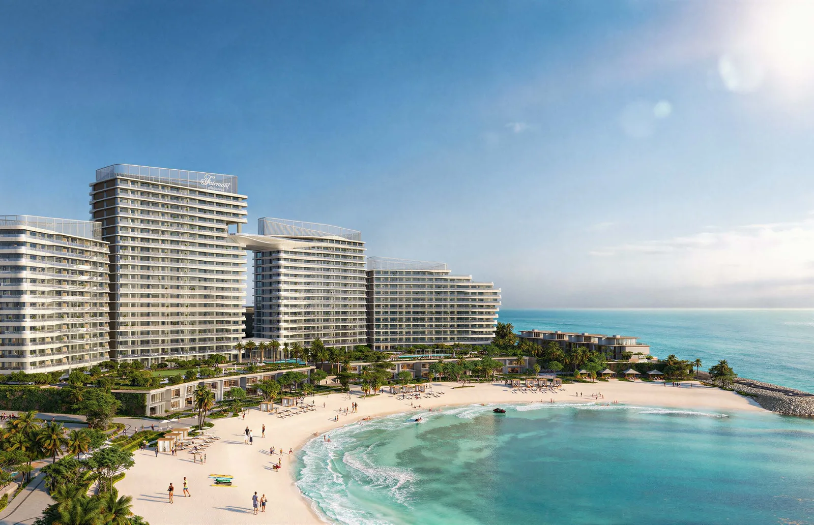 Fairmont Residences Al Marjan Island beside the beach and sea; official Ardee rendering