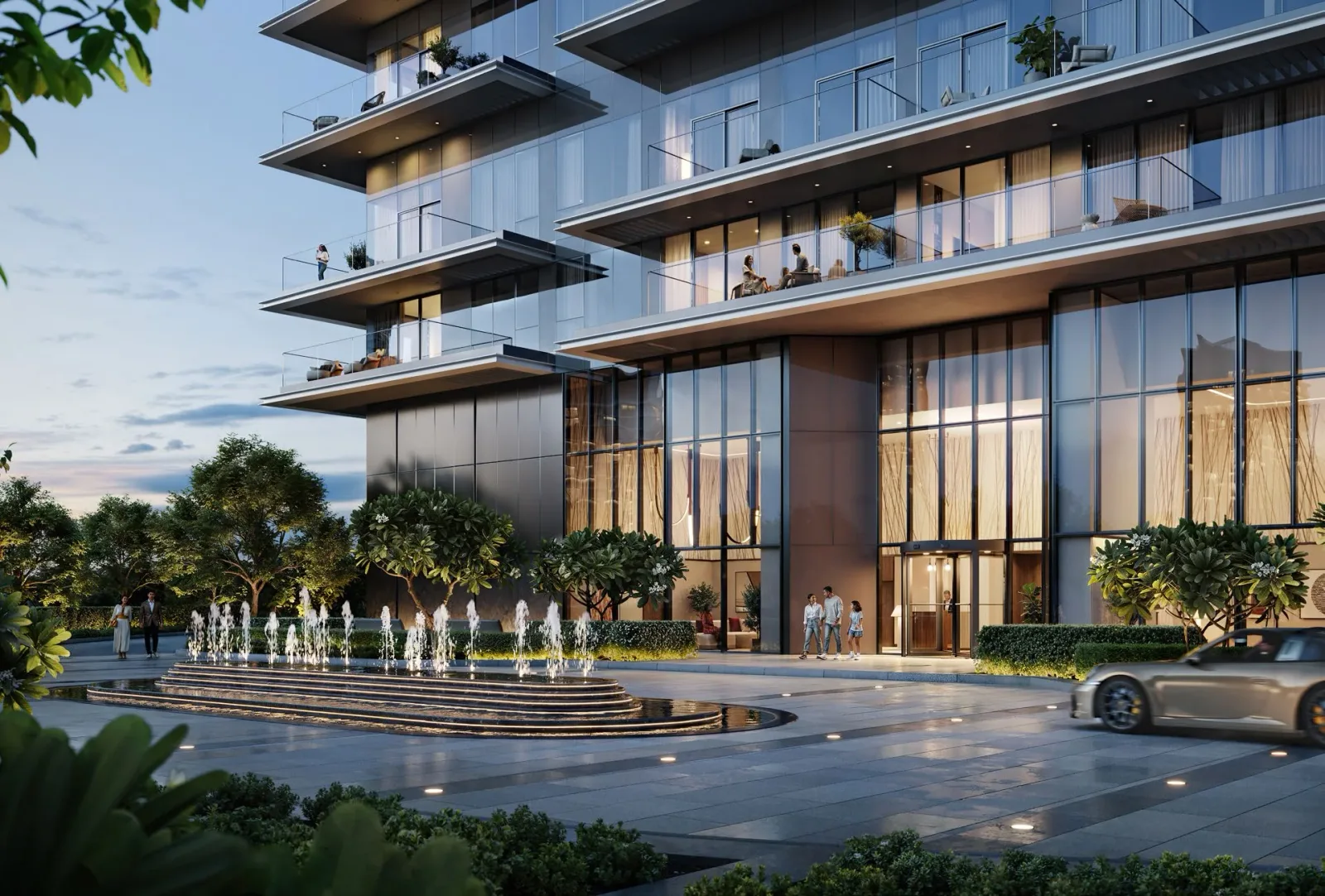 Albero: residential entrance and landscaped arrival area — developer rendering