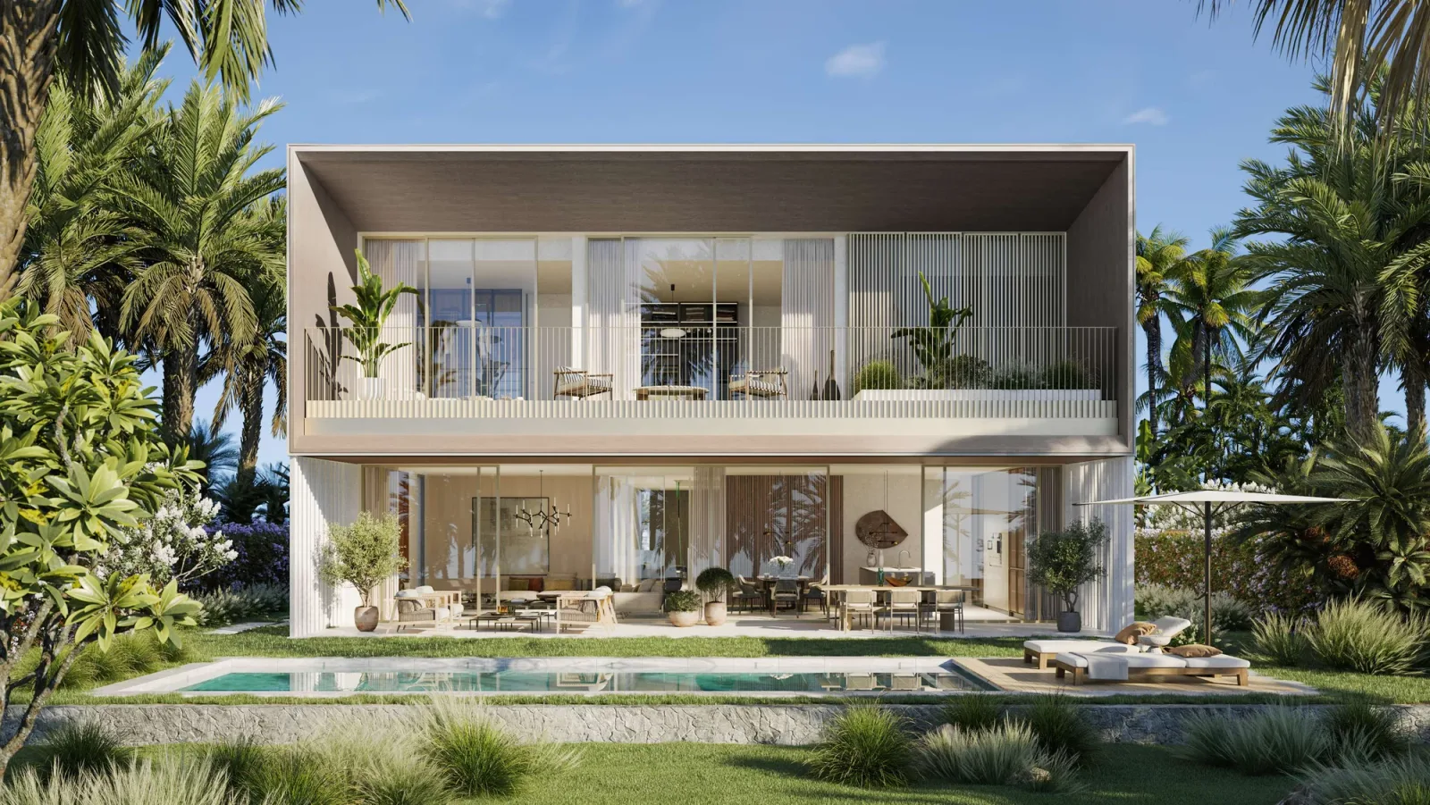 Bay Villas: waterfront villa exterior and private pool — architectural rendering