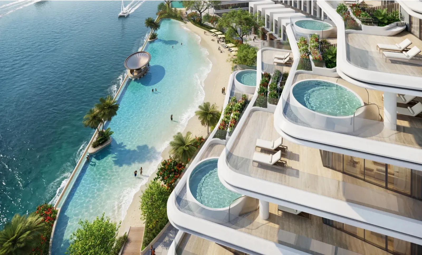 River Cove Residences at Sobha City: Illustrative curved terraces, pools and waterfront; official developer rendering