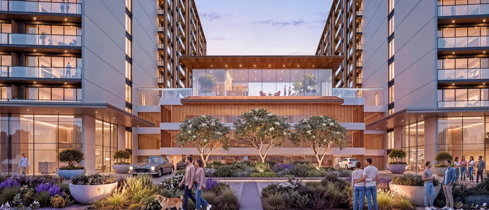 The Woods at Sobha Sanctuary: Apartment buildings and landscaped arrival courtyard; official developer rendering