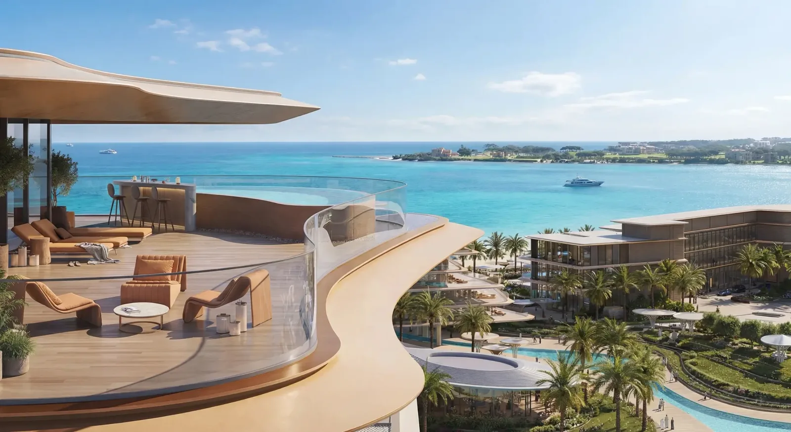 The Meriva Collection: curved terraces overlooking the waterfront — developer rendering