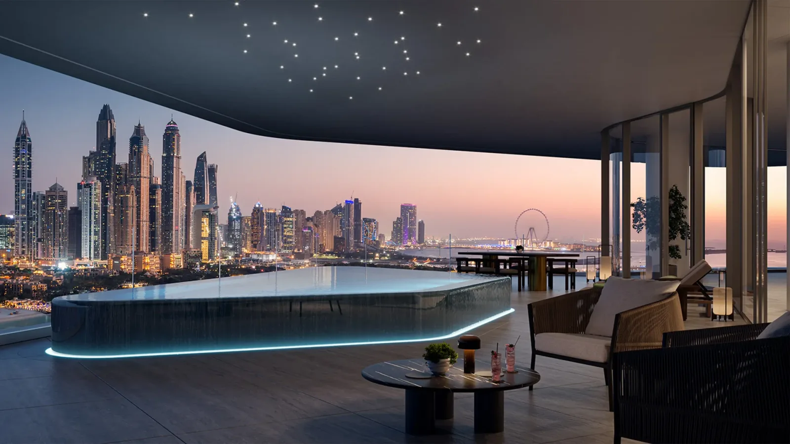 AVA at Palm Jumeirah: evening pool terrace and skyline; official developer rendering