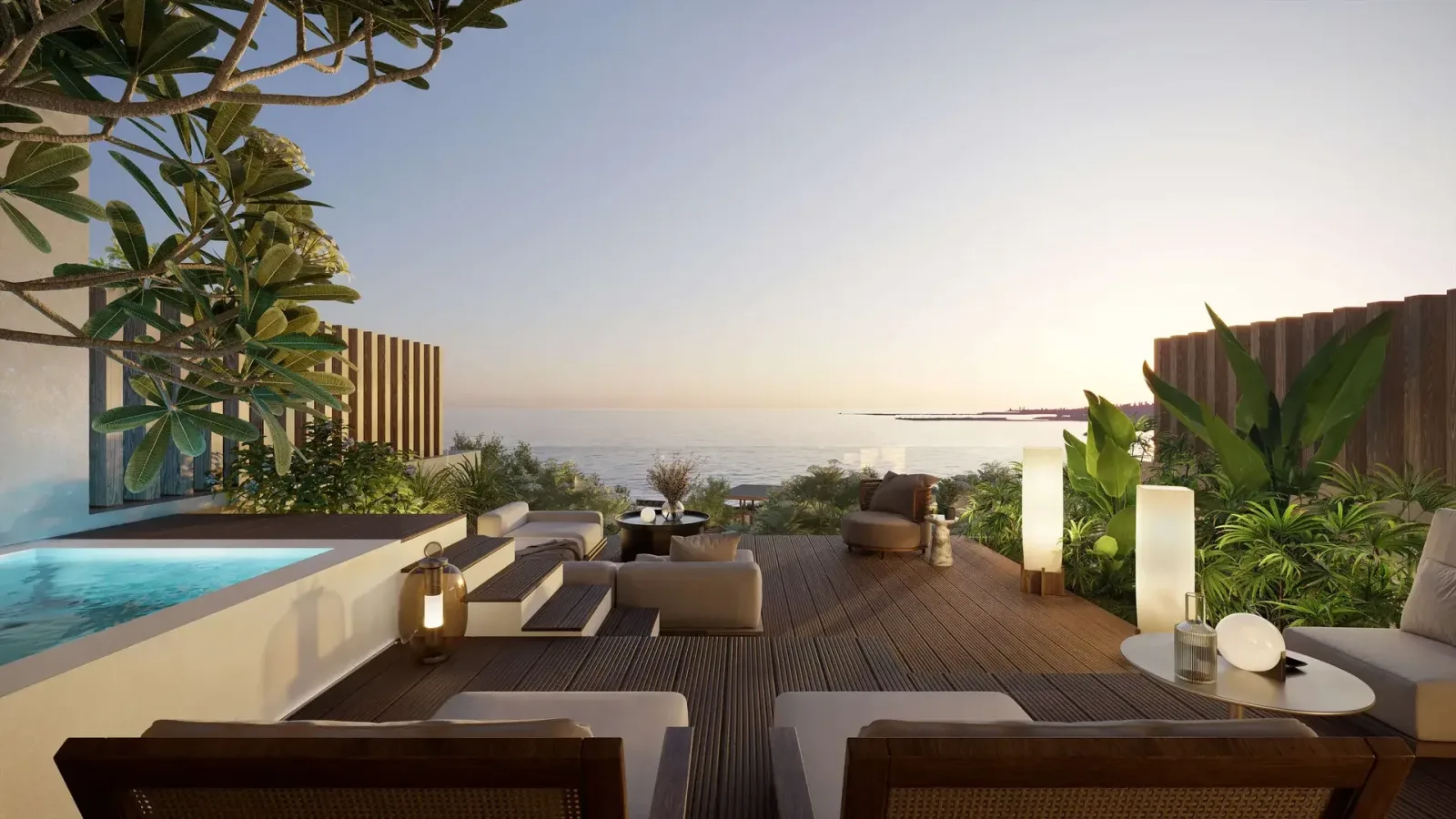 Landscaped terrace with lounge seating, a pool and sea views; official developer rendering