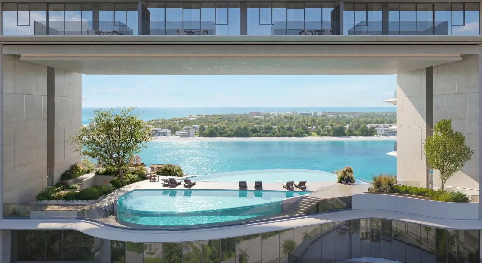 The Meriva Collection: pool framed by the residences with a sea outlook — developer rendering