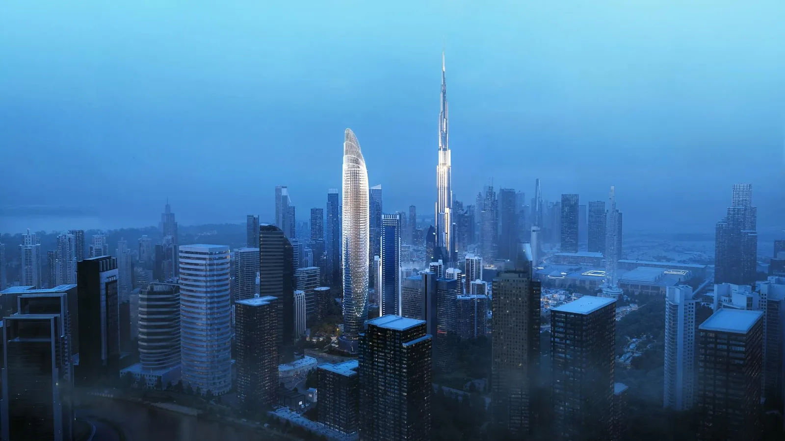Binghatti Skyblade: Skyblade and the Downtown Dubai skyline at dusk; official developer rendering