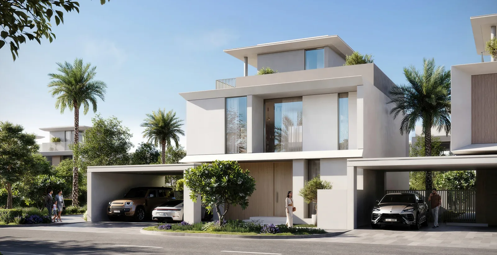 Contemporary villa frontage with covered parking and palm landscaping; official developer rendering