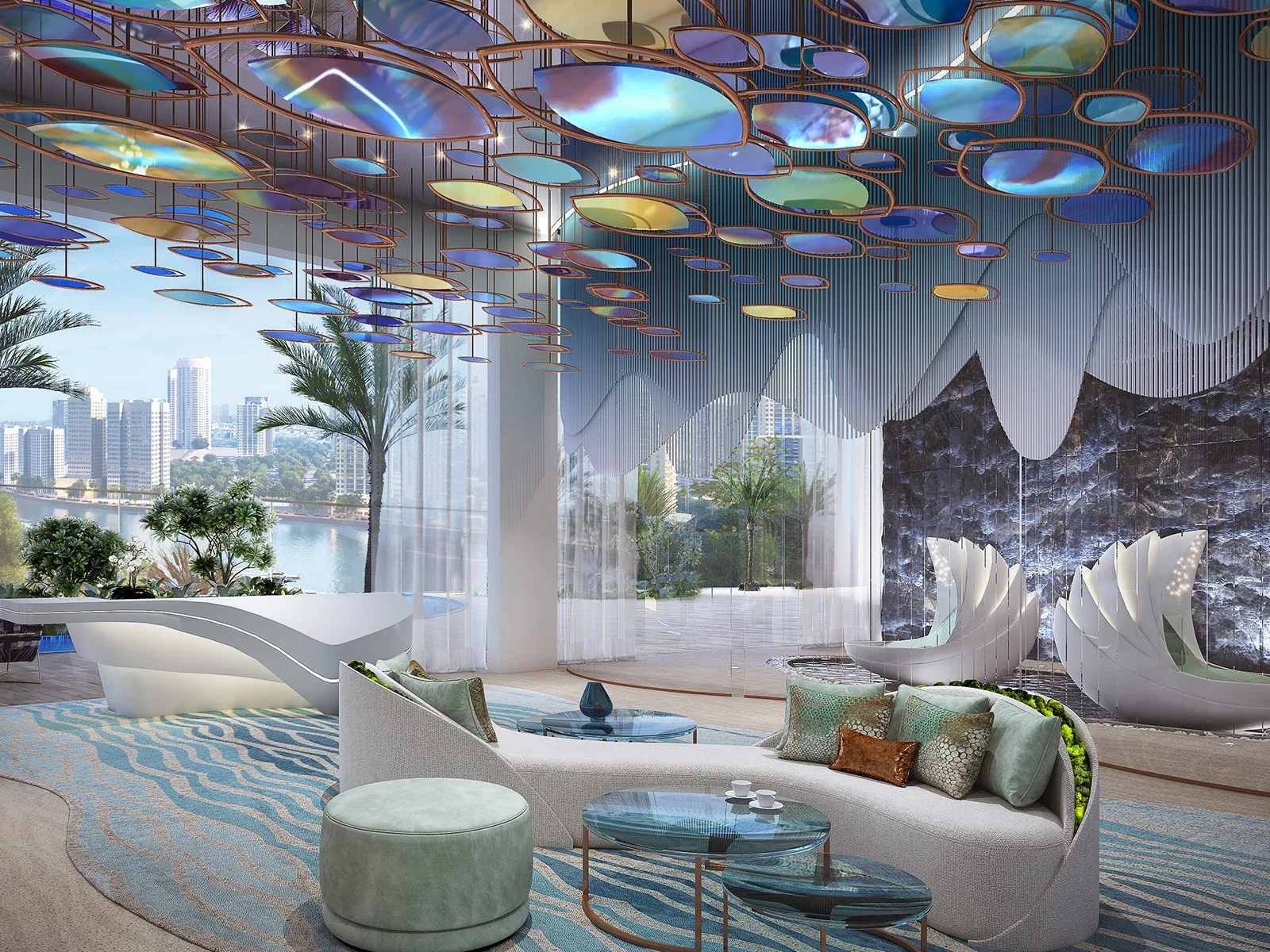 Canal Heights by de GRISOGONO: Lobby lounge with sculptural seating and suspended ceiling artwork; official developer rendering