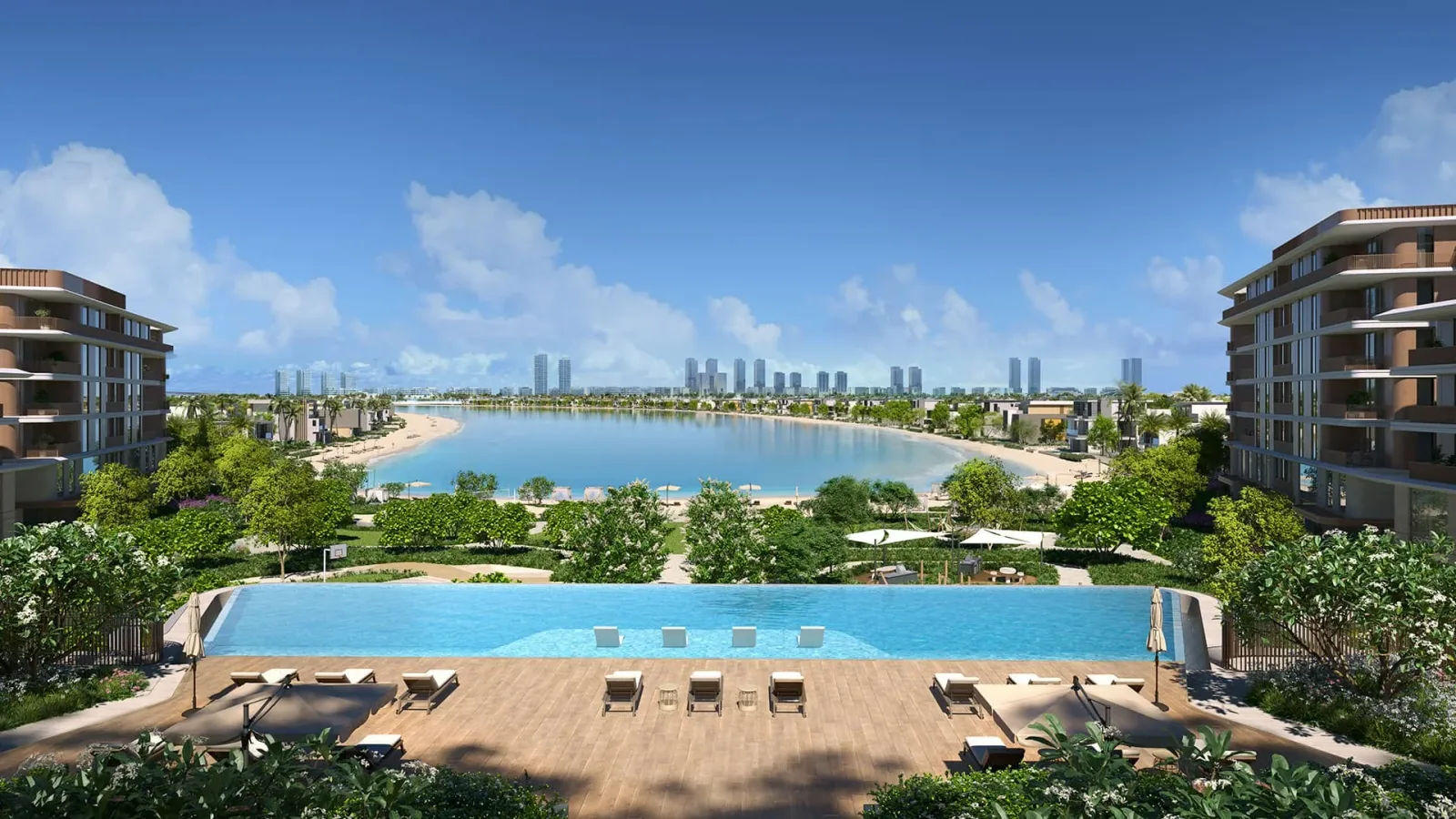 Palm Central pool and gardens; official developer rendering