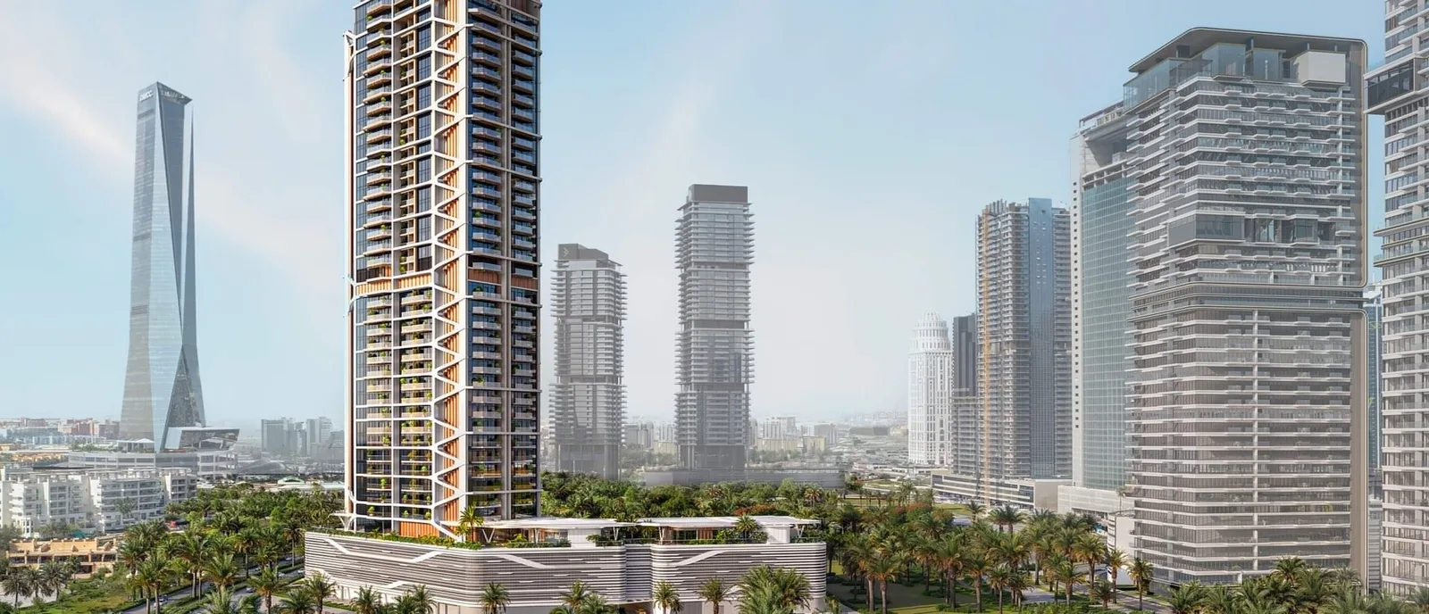 Eltiera Heights: residential tower and landscaped podium against the dubai skyline — rendering