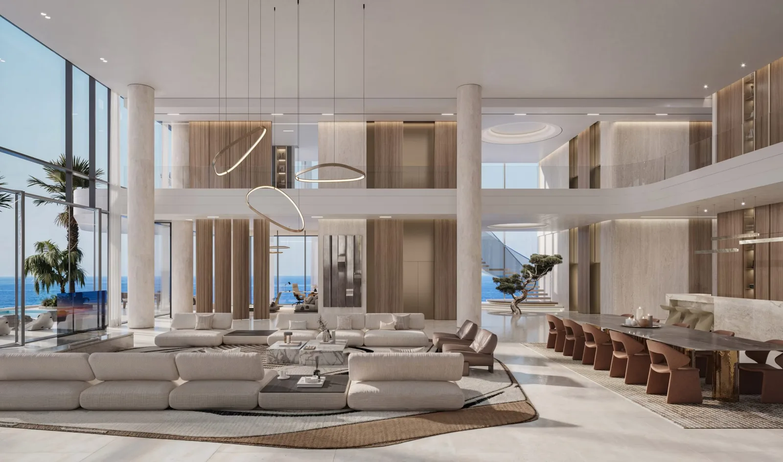 Costa Mare: double-height living room with mezzanine and dining area — rendering