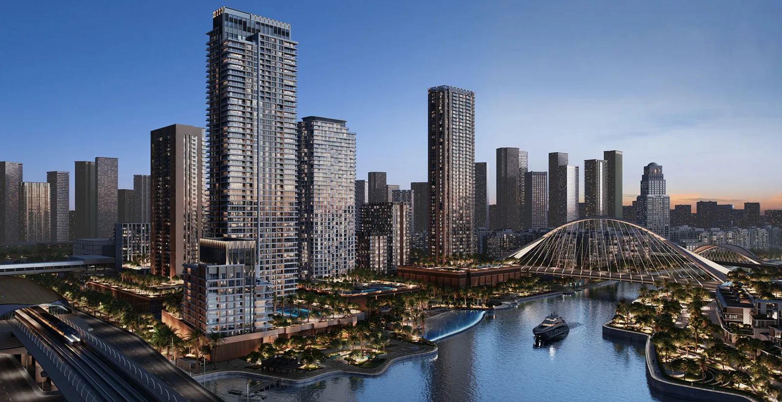 Dubai Creek Harbour skyline at dusk — community illustration