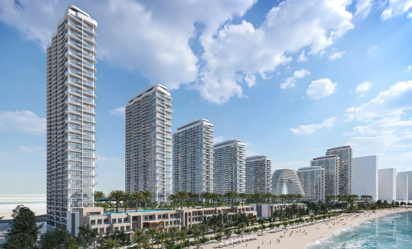 Waterfront residential towers above a landscaped promenade and beach; official developer rendering