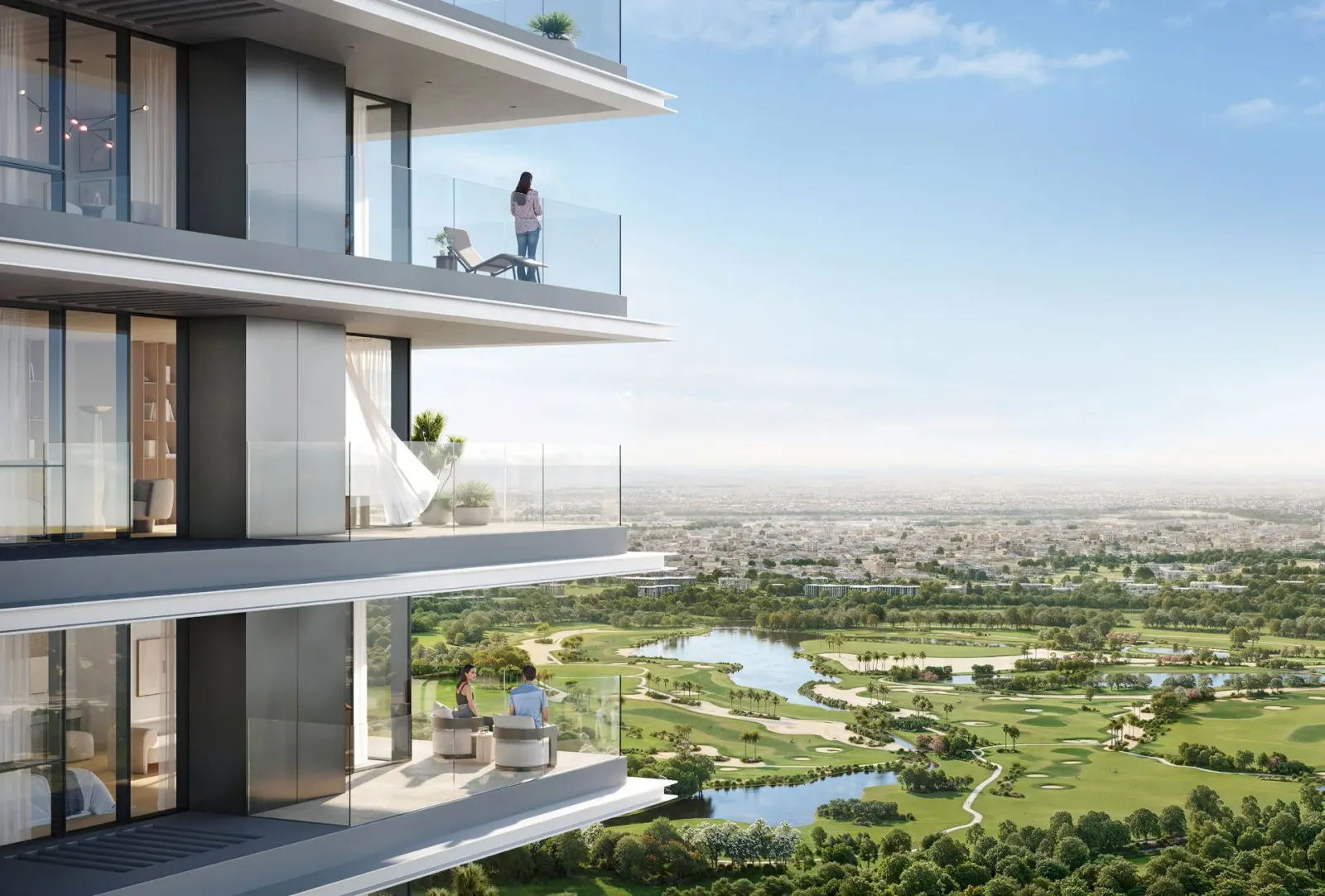 Albero: balcony overlooking the green gate setting — developer rendering