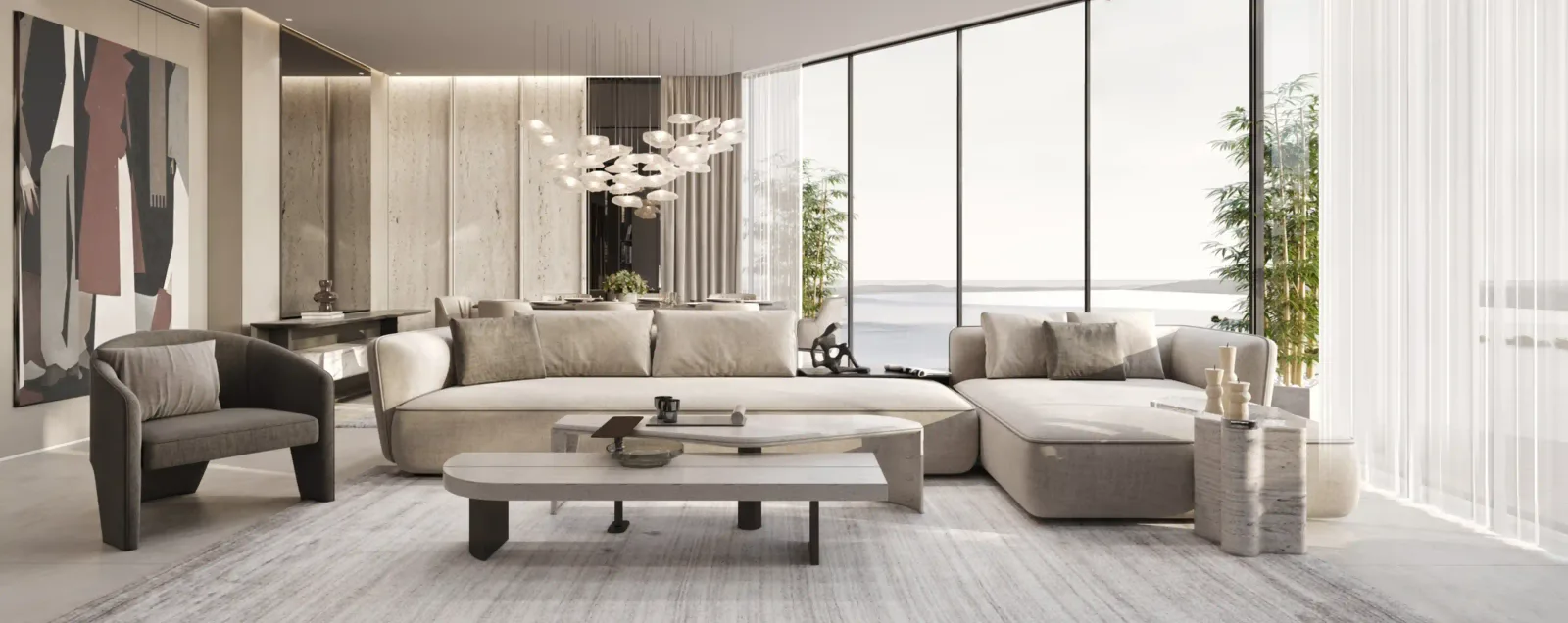 AMRA Residences: furnished living room with floor-to-ceiling windows; official developer rendering