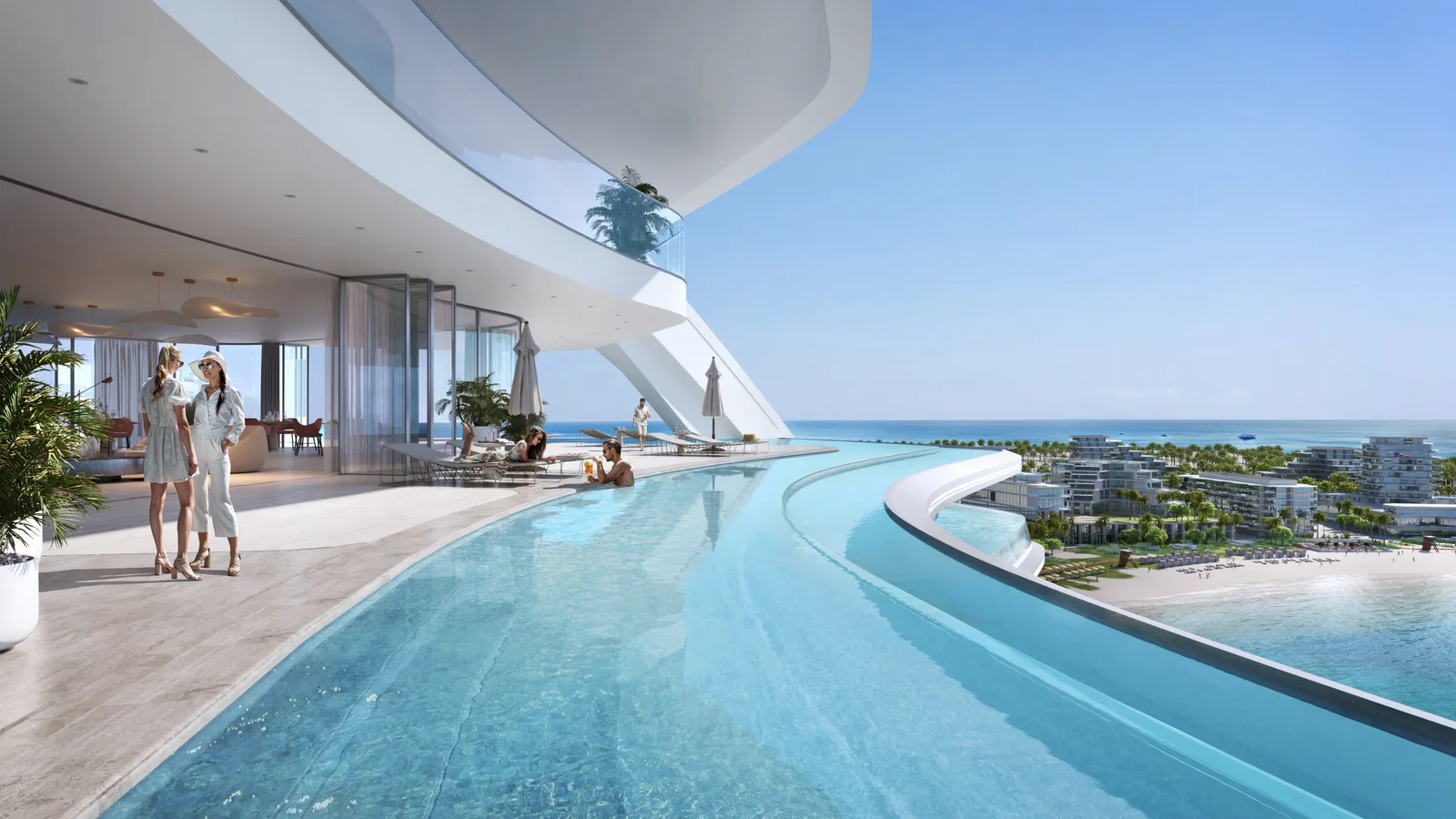 Oystra: curving outdoor pool beside a shaded terrace — rendering