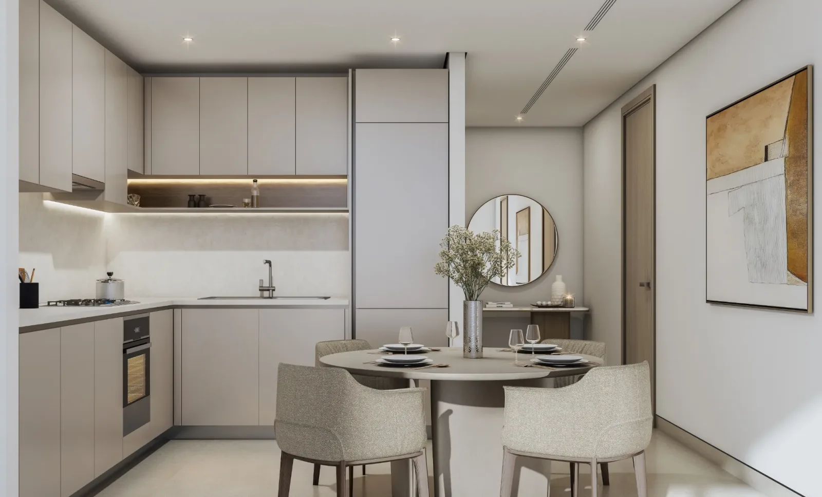 Illustrative Skyvue Stellar kitchen and dining area; official developer rendering
