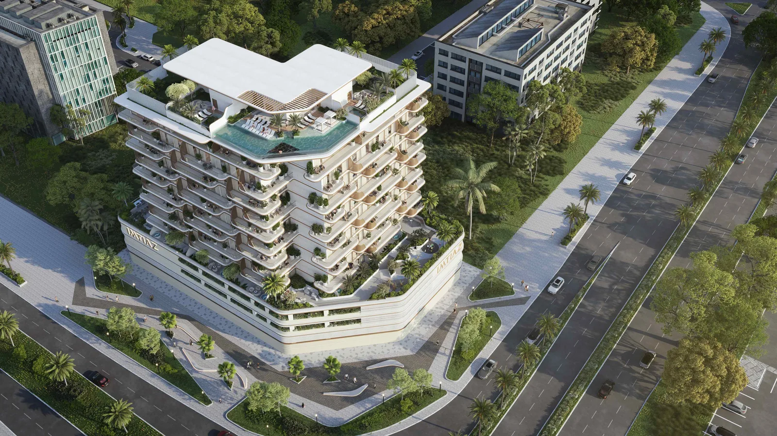 Sunset Bay Grand aerial view with rooftop pool and landscaped surroundings; official Imtiaz rendering
