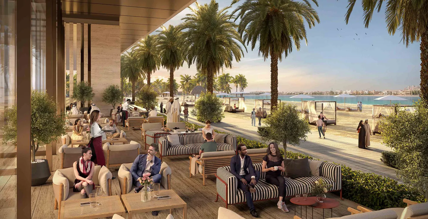 Address Residences The Bay: Shaded outdoor lounge and promenade — developer rendering