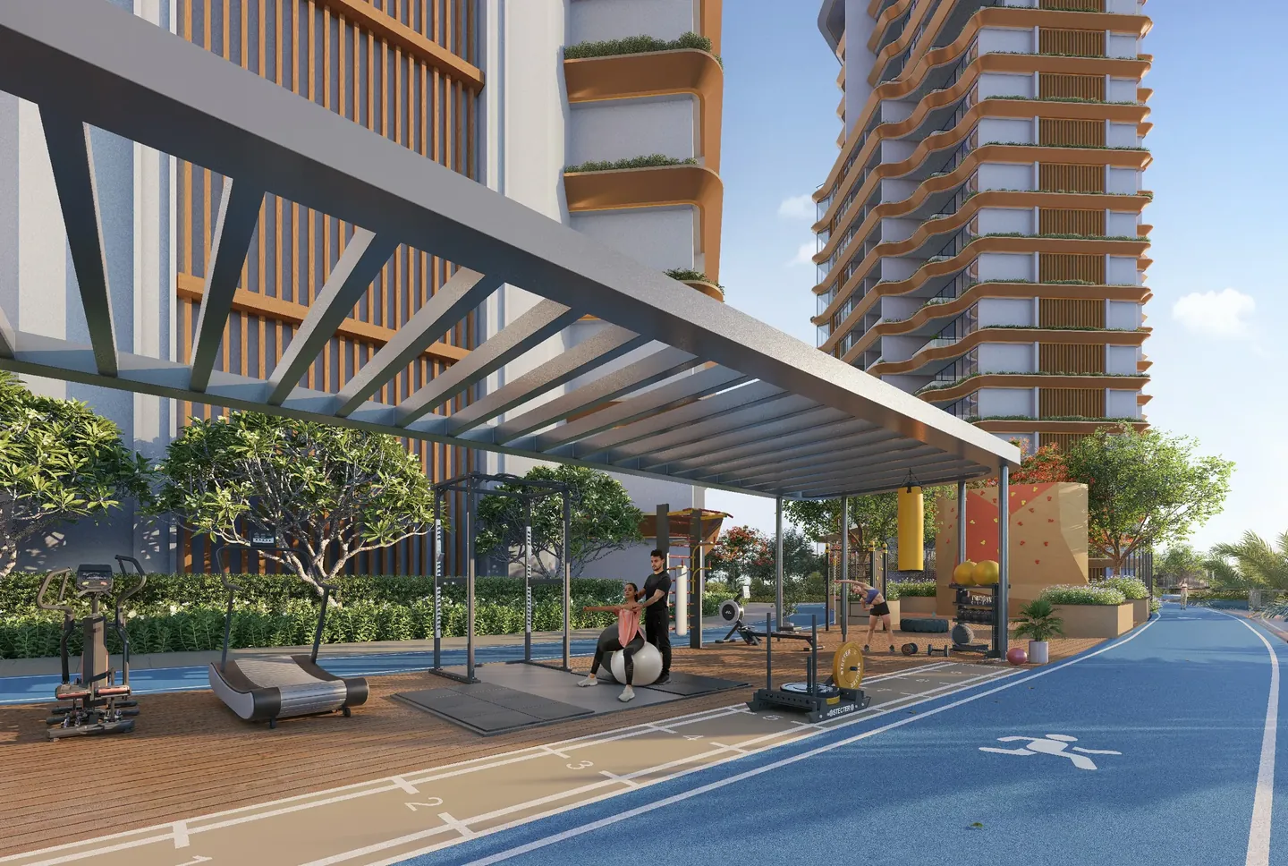 Al Hamra Waterfront: Outdoor gym beneath pergola — developer rendering