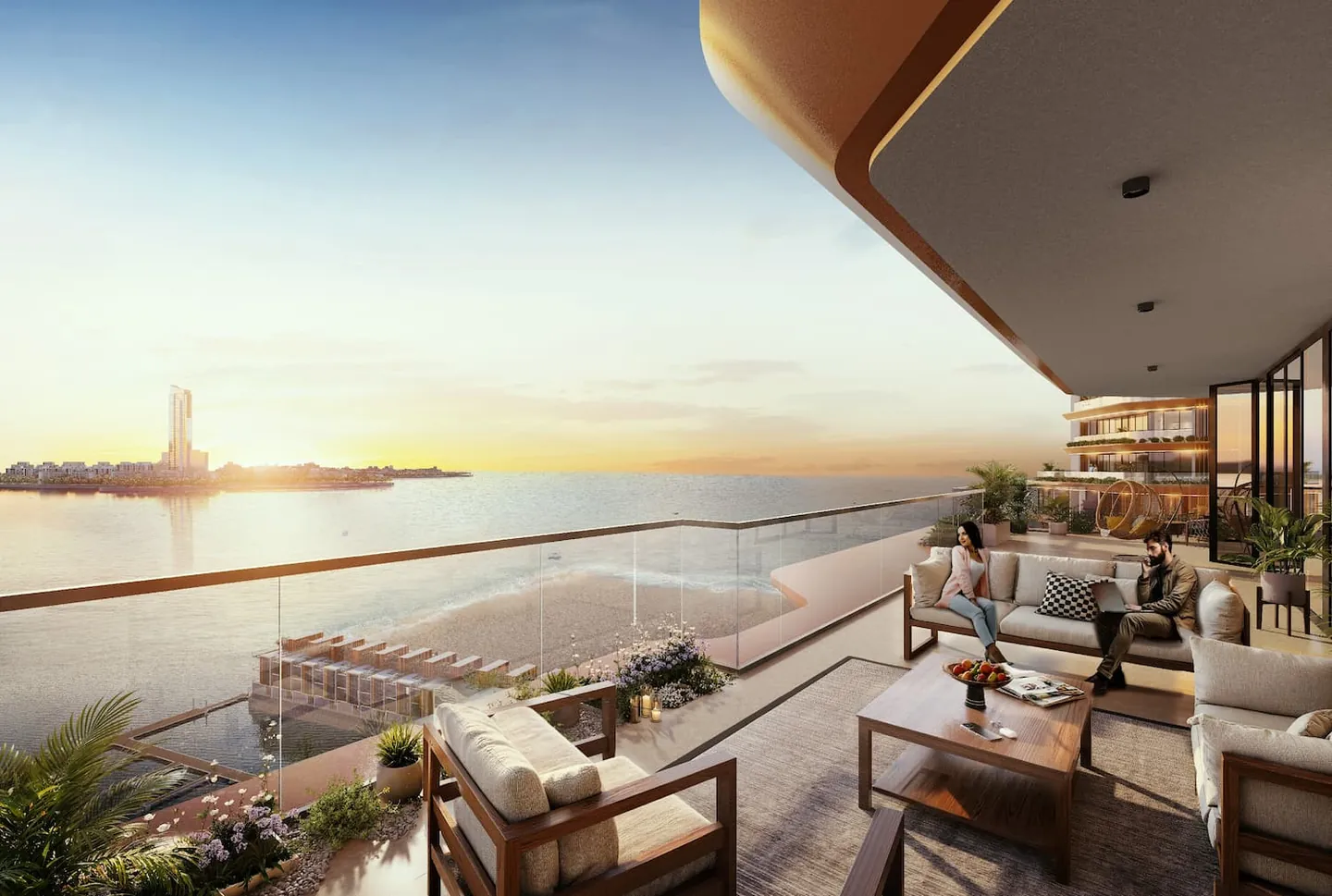 Al Hamra Waterfront: Sea-view balcony at sunset — developer rendering