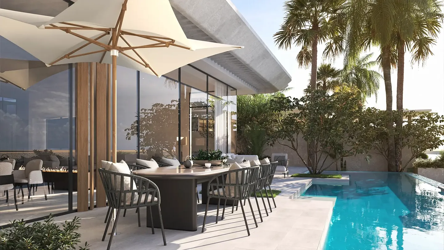 Anantara Residences: Villa terrace and pool with outdoor dining — developer rendering