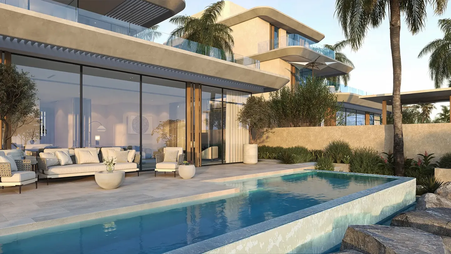 Anantara Residences: Villa garden pool beside glazing — developer rendering