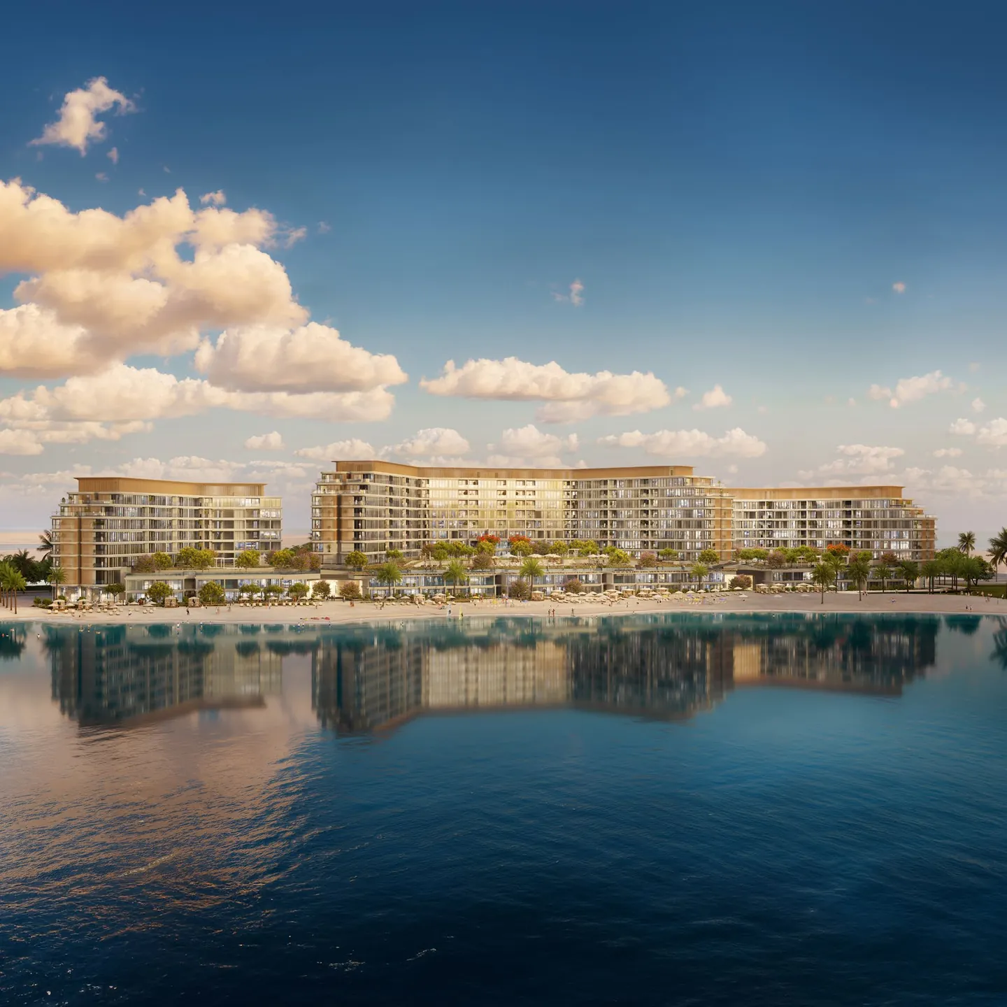 Aquamarine Beach Residences: Aquamarine residences viewed across the water — developer rendering