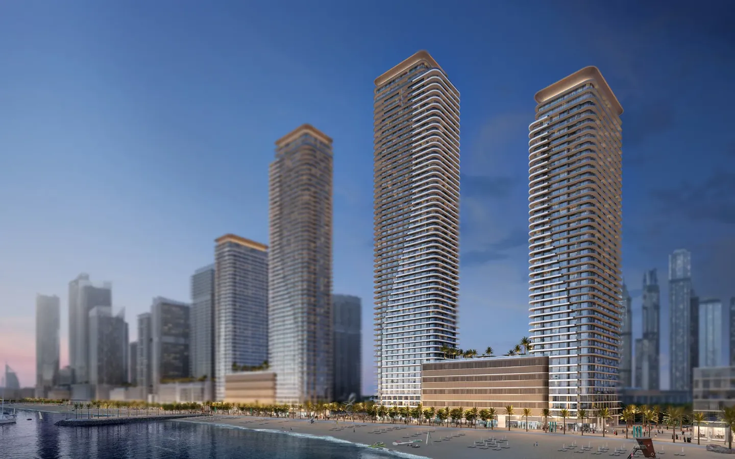 Bayview by Address Resorts: Bayview twin towers at dusk — developer rendering