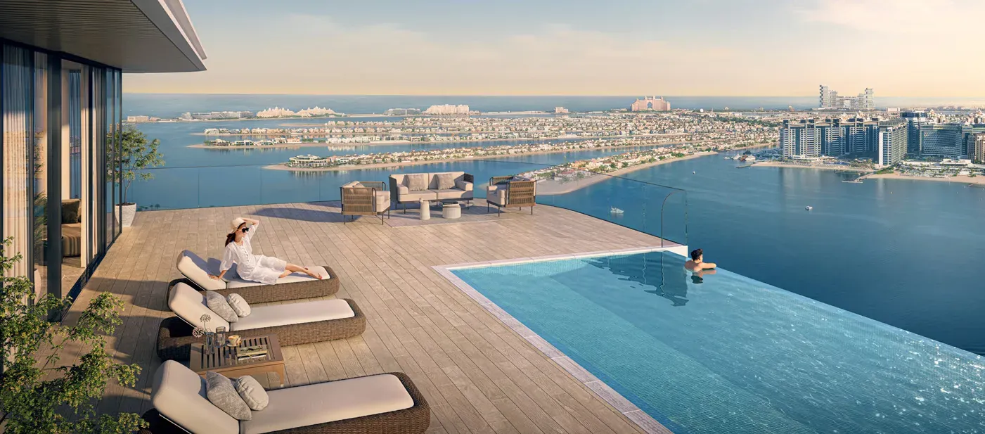 Bayview by Address Resorts: Bayview pool deck overlooking Palm Jumeirah — developer rendering