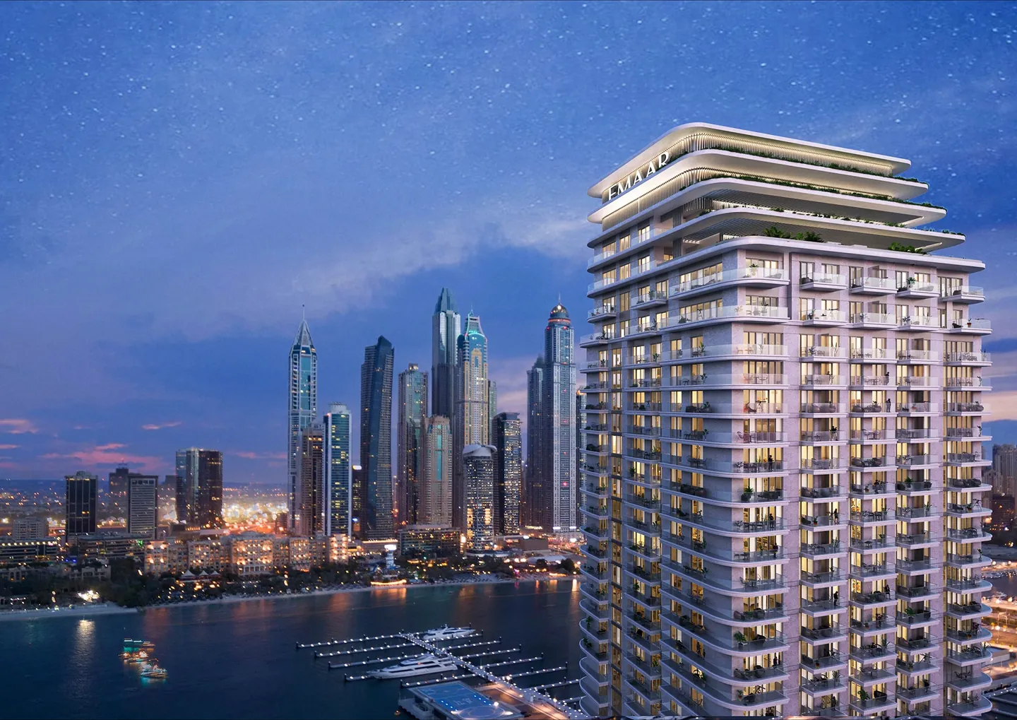 Beachgate by Address: Tower crown at dusk — developer rendering