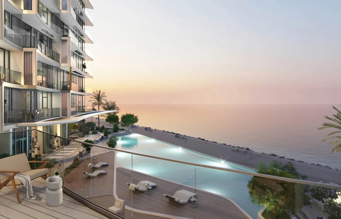 Cala Del Mar: Sea-facing pool terrace at sunset — developer rendering