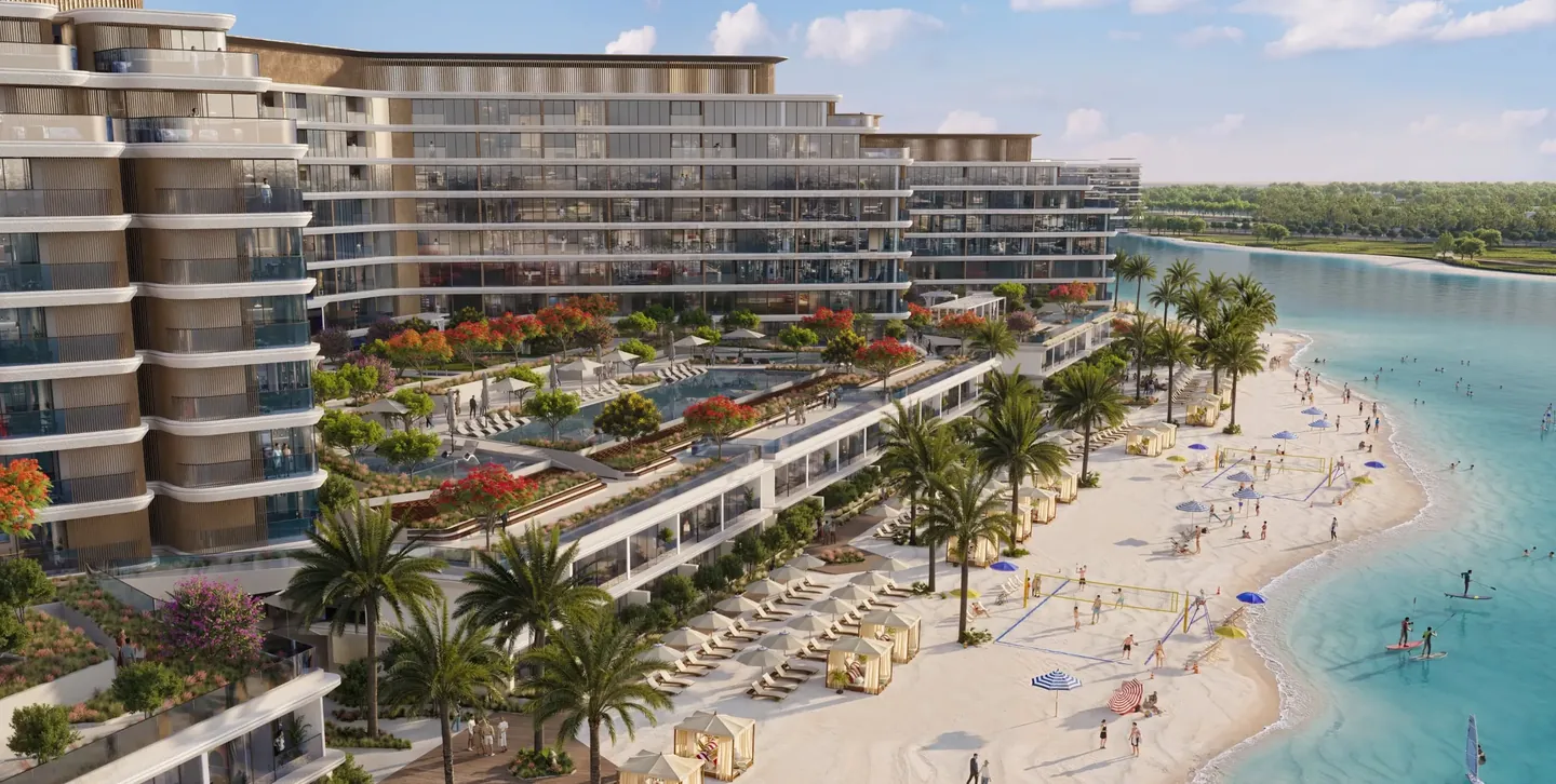 Coraline Beach Residences: Coraline beach and tower elevation — developer rendering