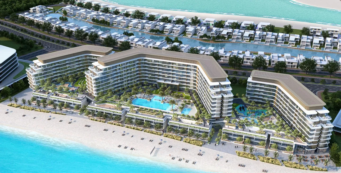 Delphine Beach Residences: Aerial view of the Delphine beachfront buildings — developer rendering