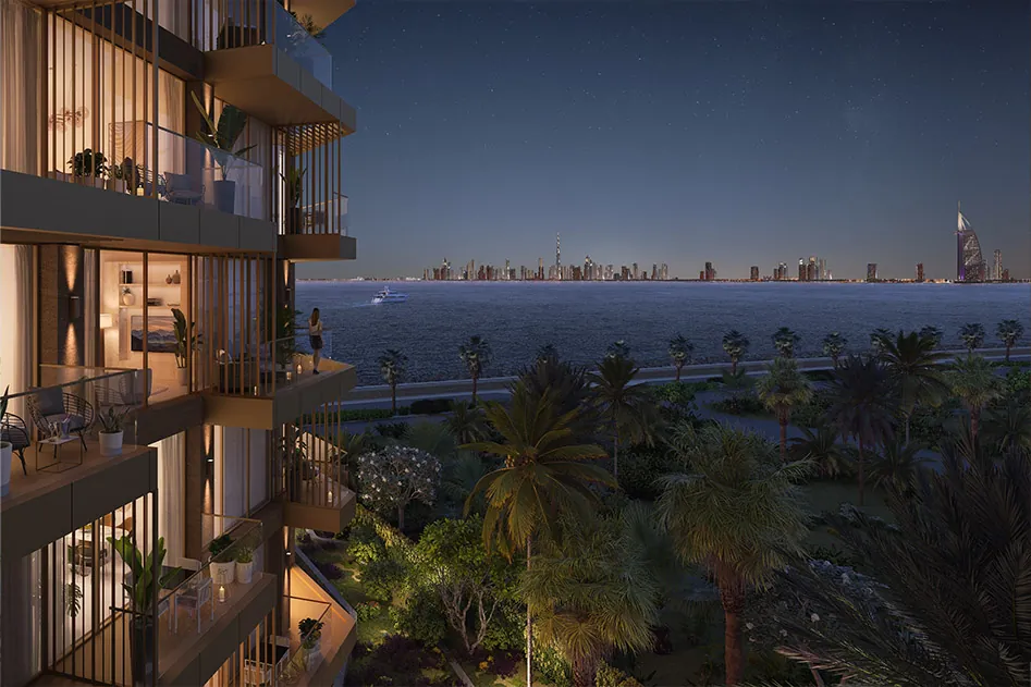 Ellington Beach House: Balconies overlooking the sea at dusk — developer rendering
