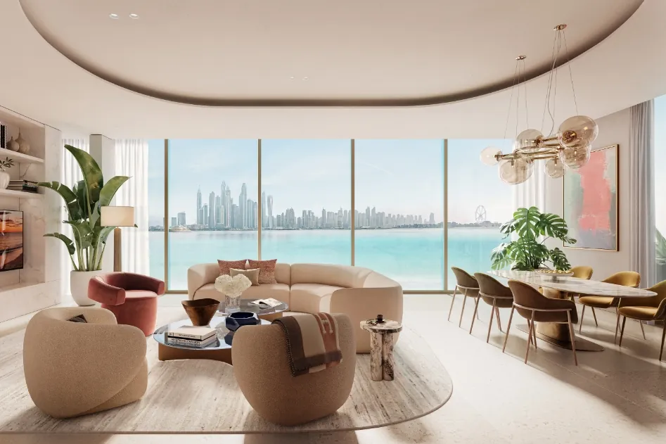 Ellington Beach House: Living and dining area with a sea view — developer rendering