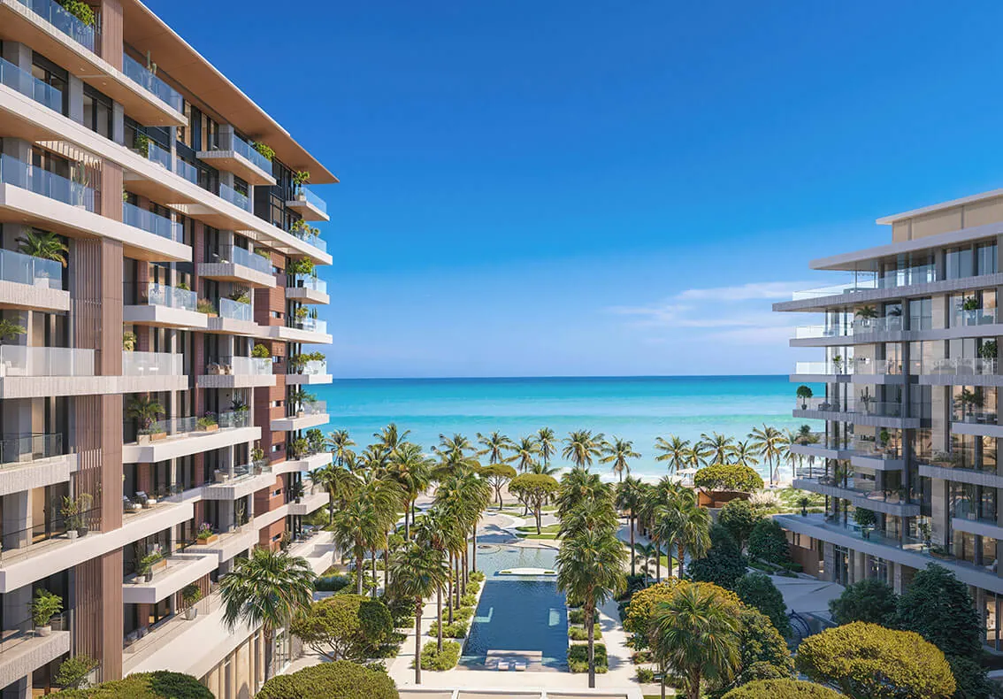 Ellington Sands: Garden axis between residences toward the sea — developer rendering
