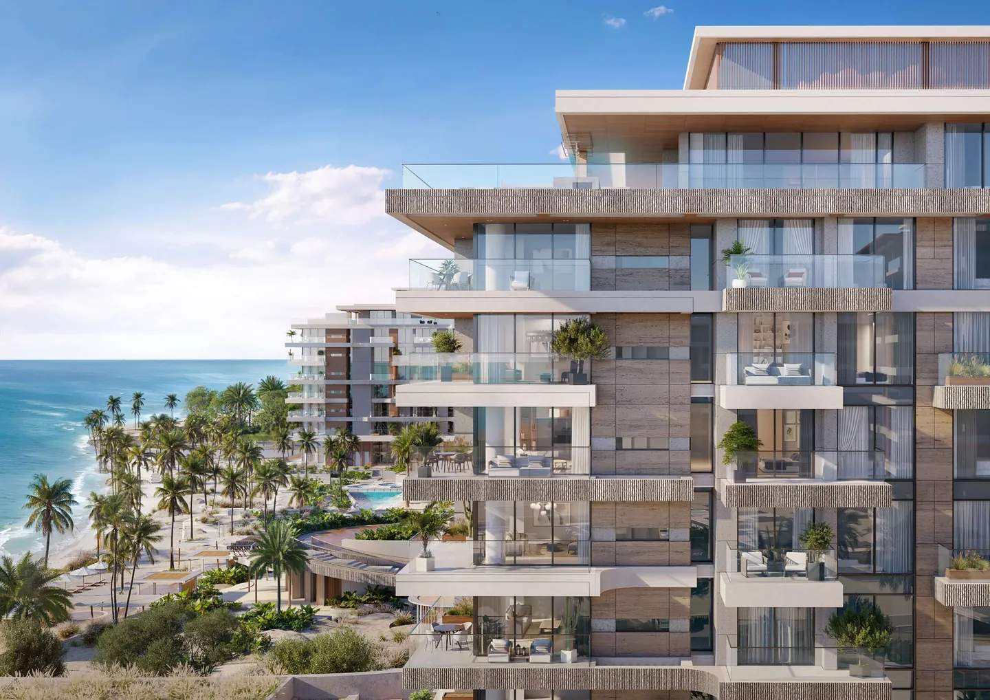 Ellington Sands: Facade and terraces in daylight — developer rendering