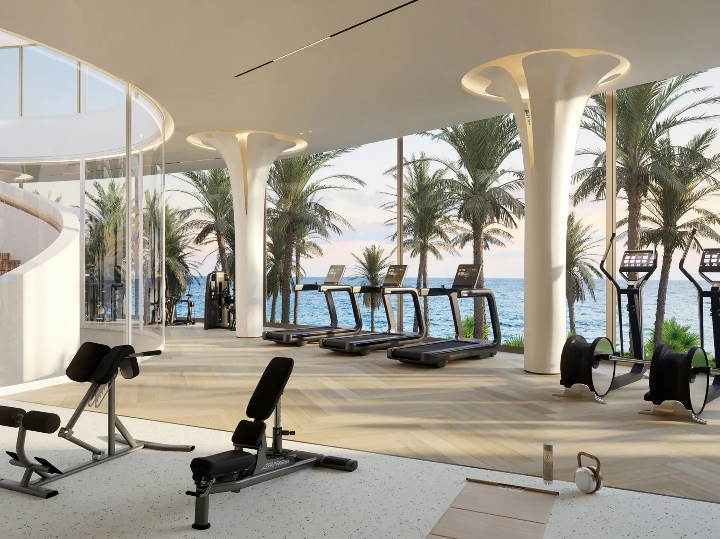 Fahid Beach Terraces: Gym with waterfront views — developer rendering
