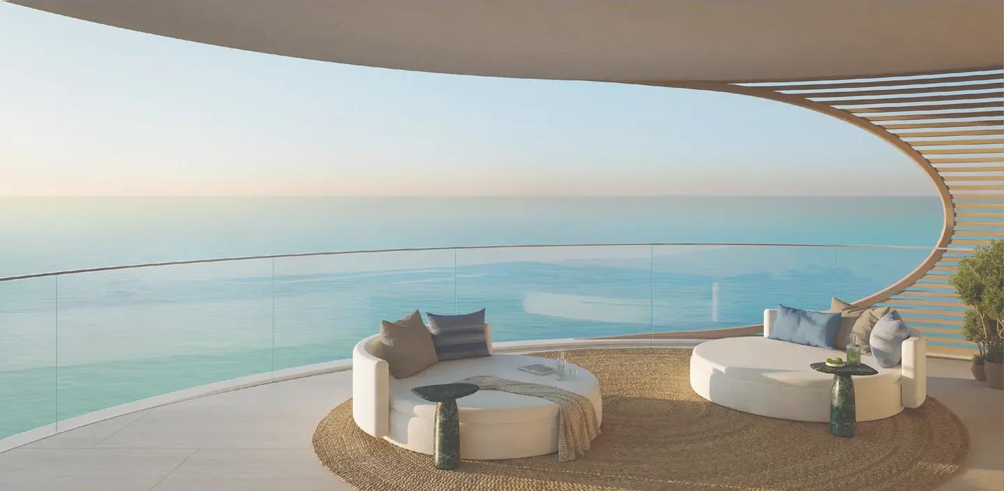 Fahid Beach Terraces: Curved sea-view balcony — developer rendering