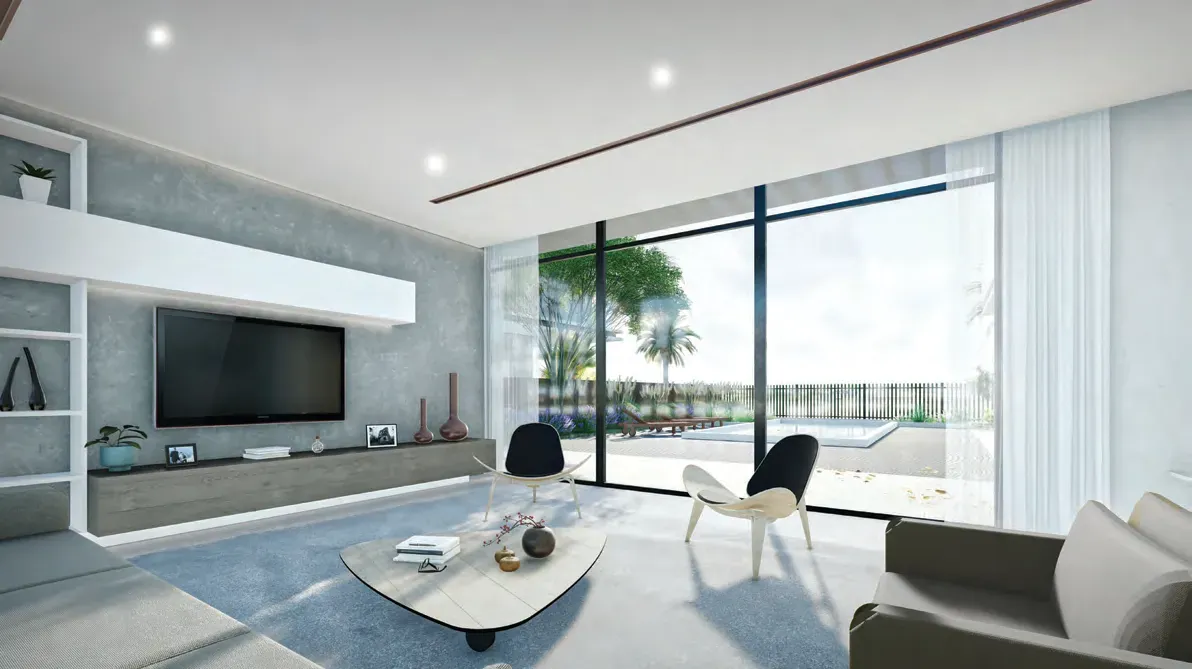 Falcon Island: Five-bedroom villa living room — developer rendering