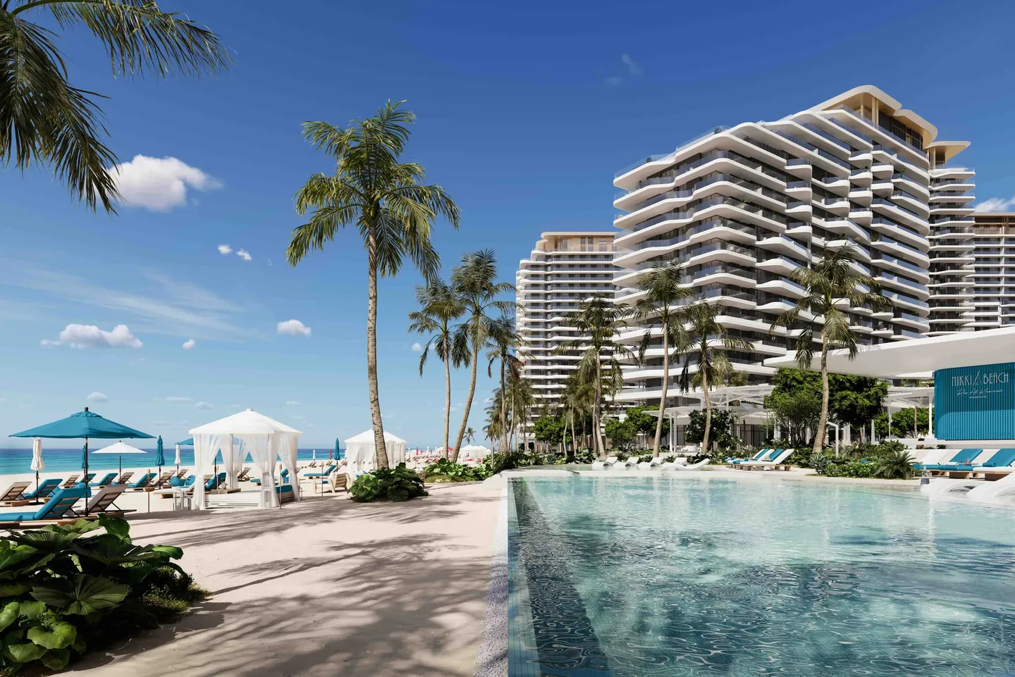 Nikki Beach Residences: Beachfront pool and residences — developer rendering