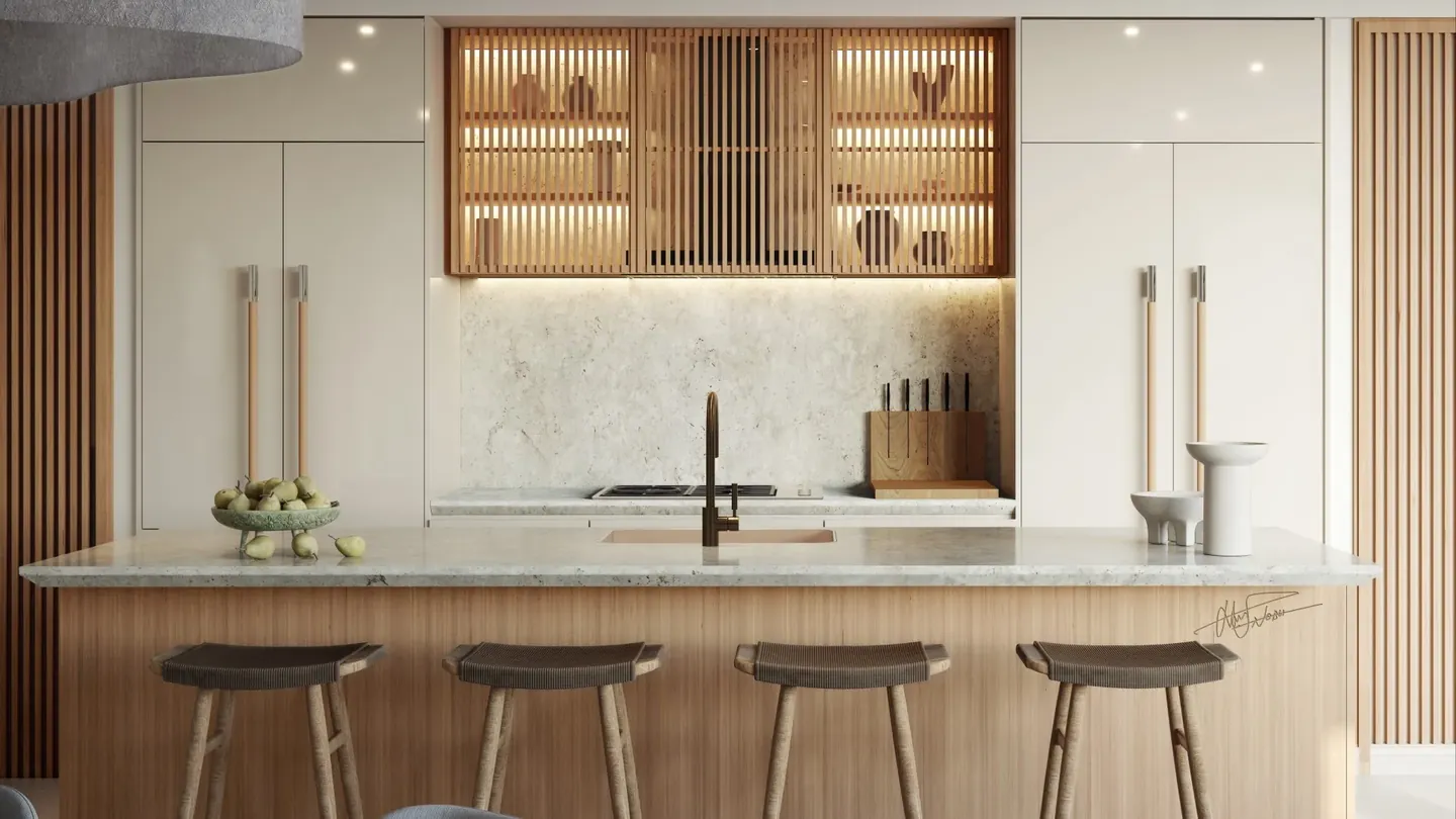 Nobu Residences Abu Dhabi: Residence kitchen and island — developer rendering