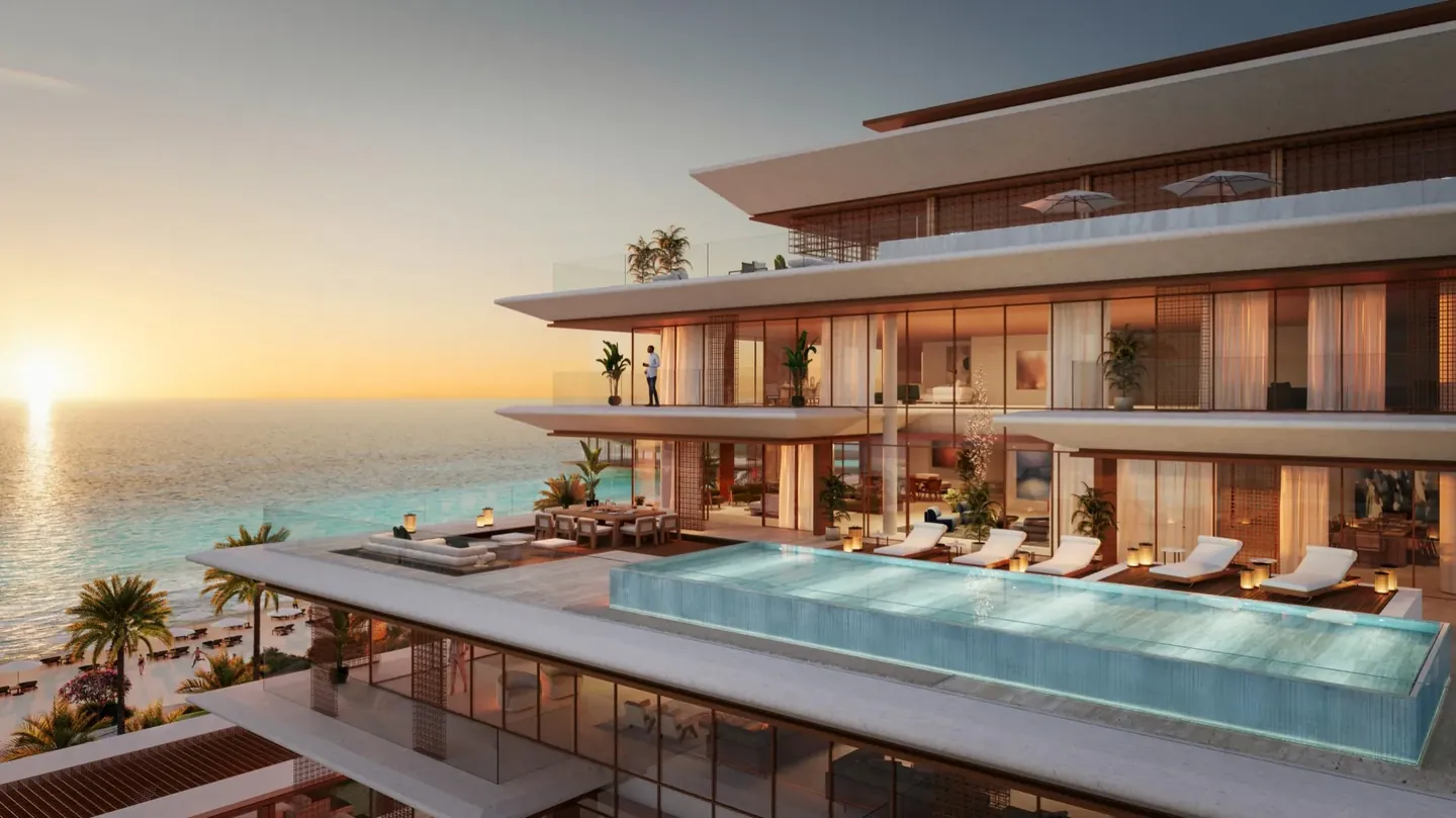 Nobu Residences Abu Dhabi: Sky residence pool terrace at sunset — developer rendering