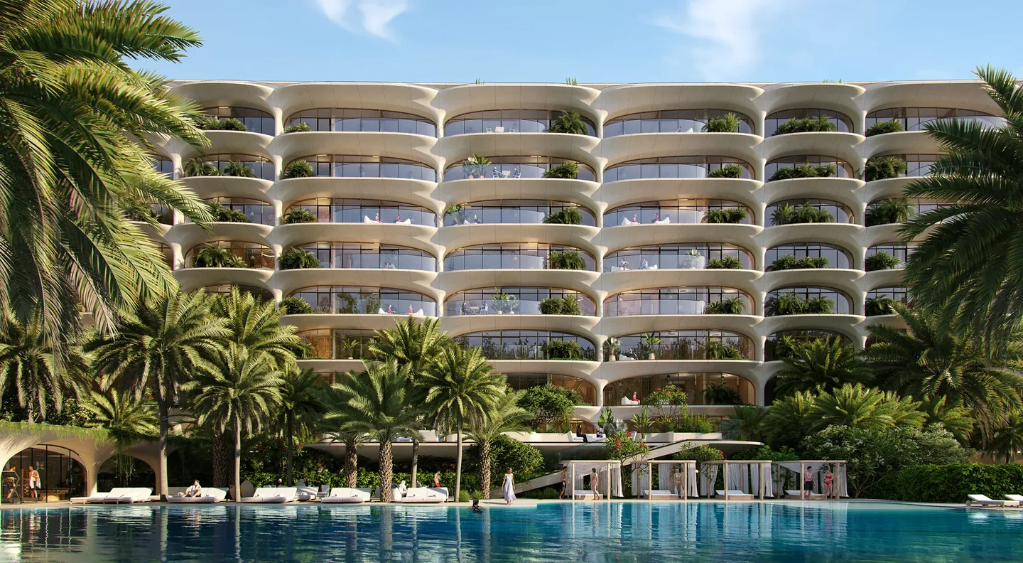 Ocean House: Beachfront facade and pool — developer rendering